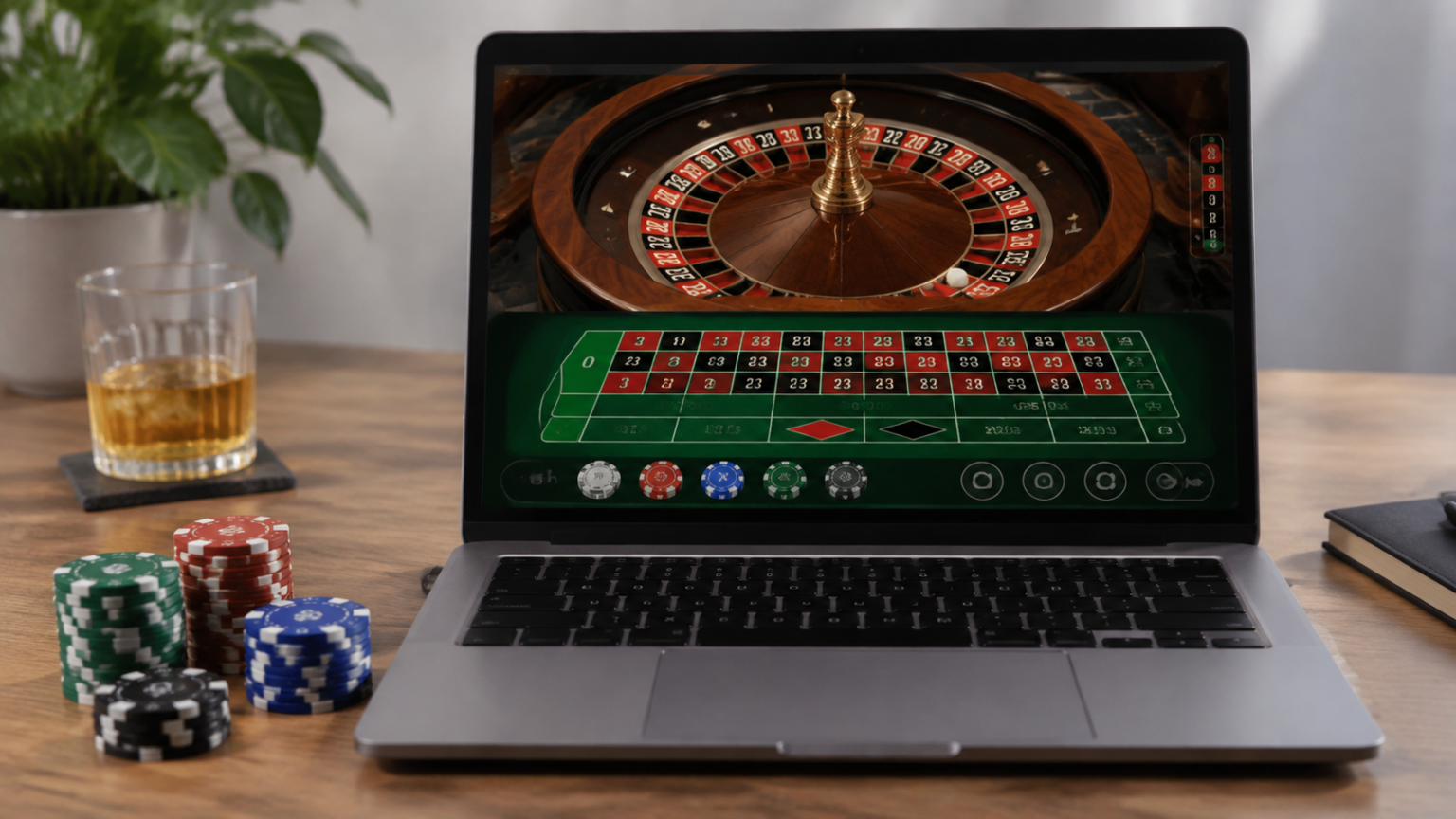 A Practical Guide to online casino Singapore Searches Laptop displaying an online casino roulette table and betting controls beside casino chips