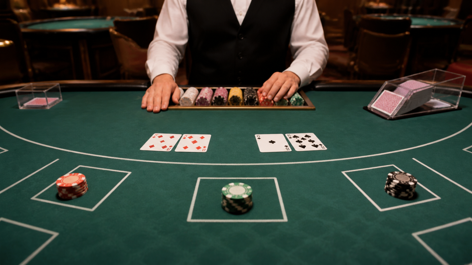 baccarat trực tuyến: cách hiểu luật và chơi có trách nhiệm Bàn baccarat với bài và phỉnh trong không gian casino