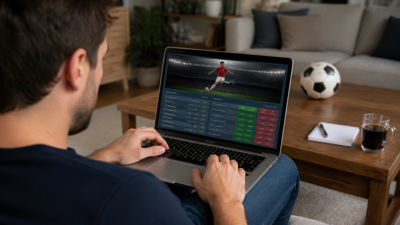 Adult reviewing sports betting markets and odds on a laptop