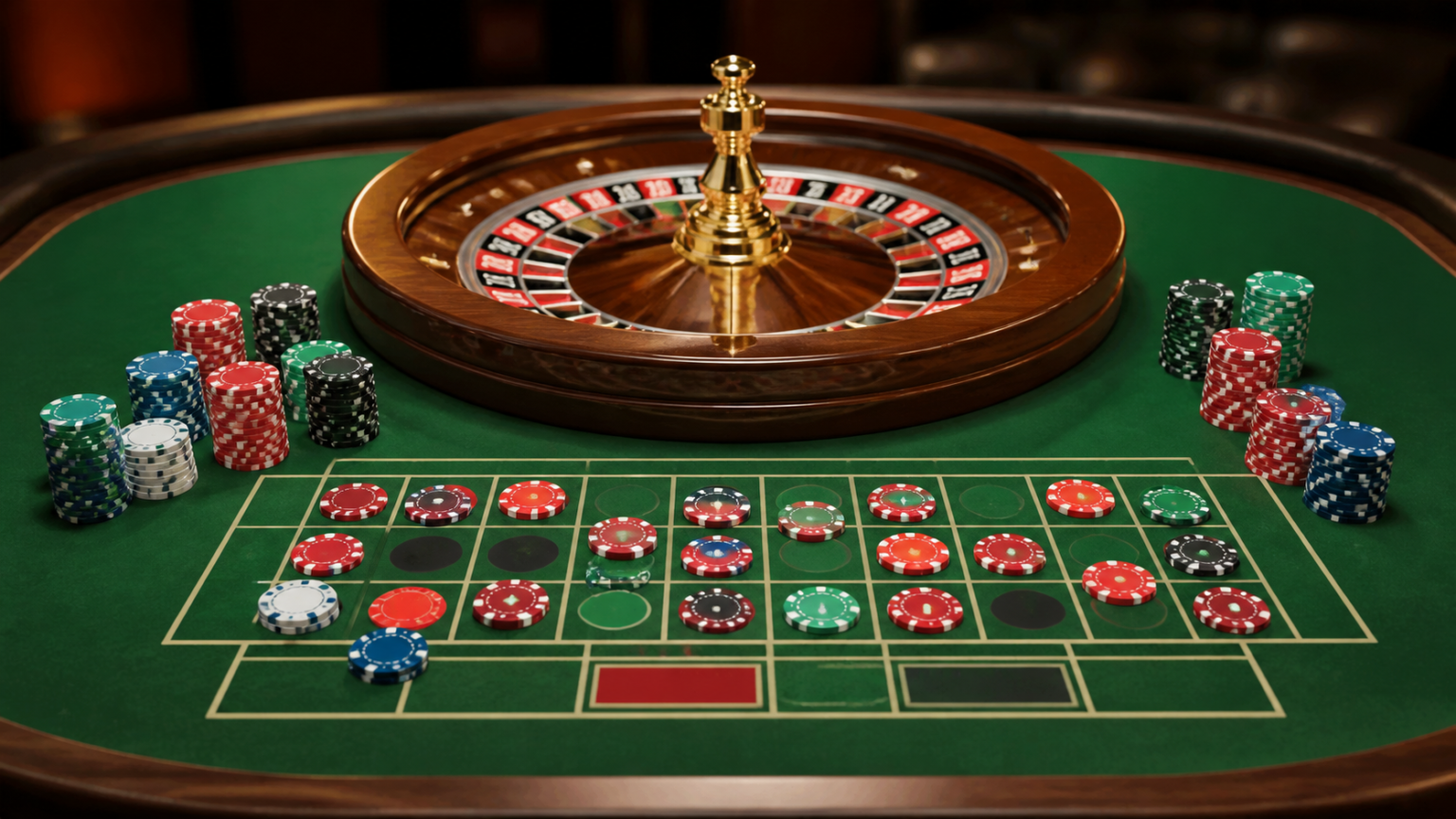 Bàn roulette casino với bánh xe quay và các chip chơi trên mặt bàn nỉ xanh