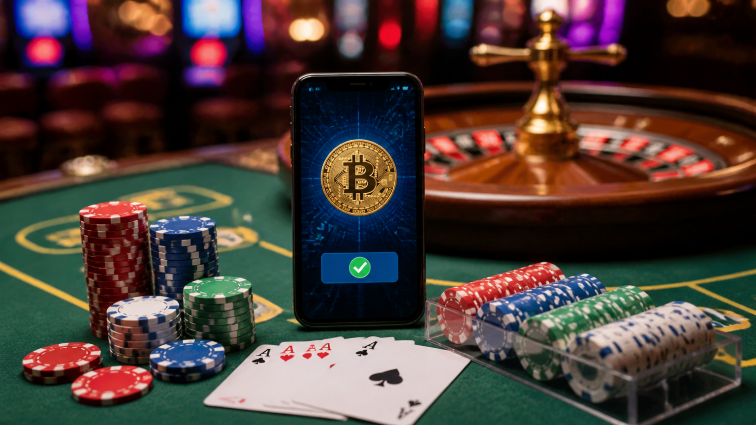 オンラインバカラで知っておきたい基本ルールと用語まとめ Casino table with chips and a phone for crypto payments