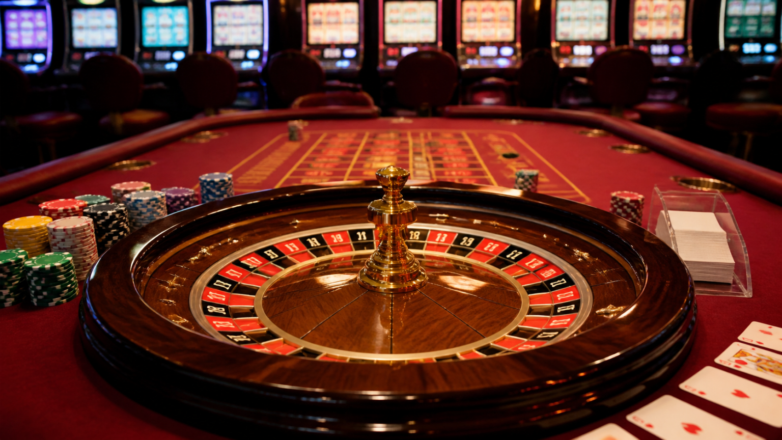 Singapore online casino: What Players Should Consider Casino gaming setup with slot machines, cards, and roulette table
