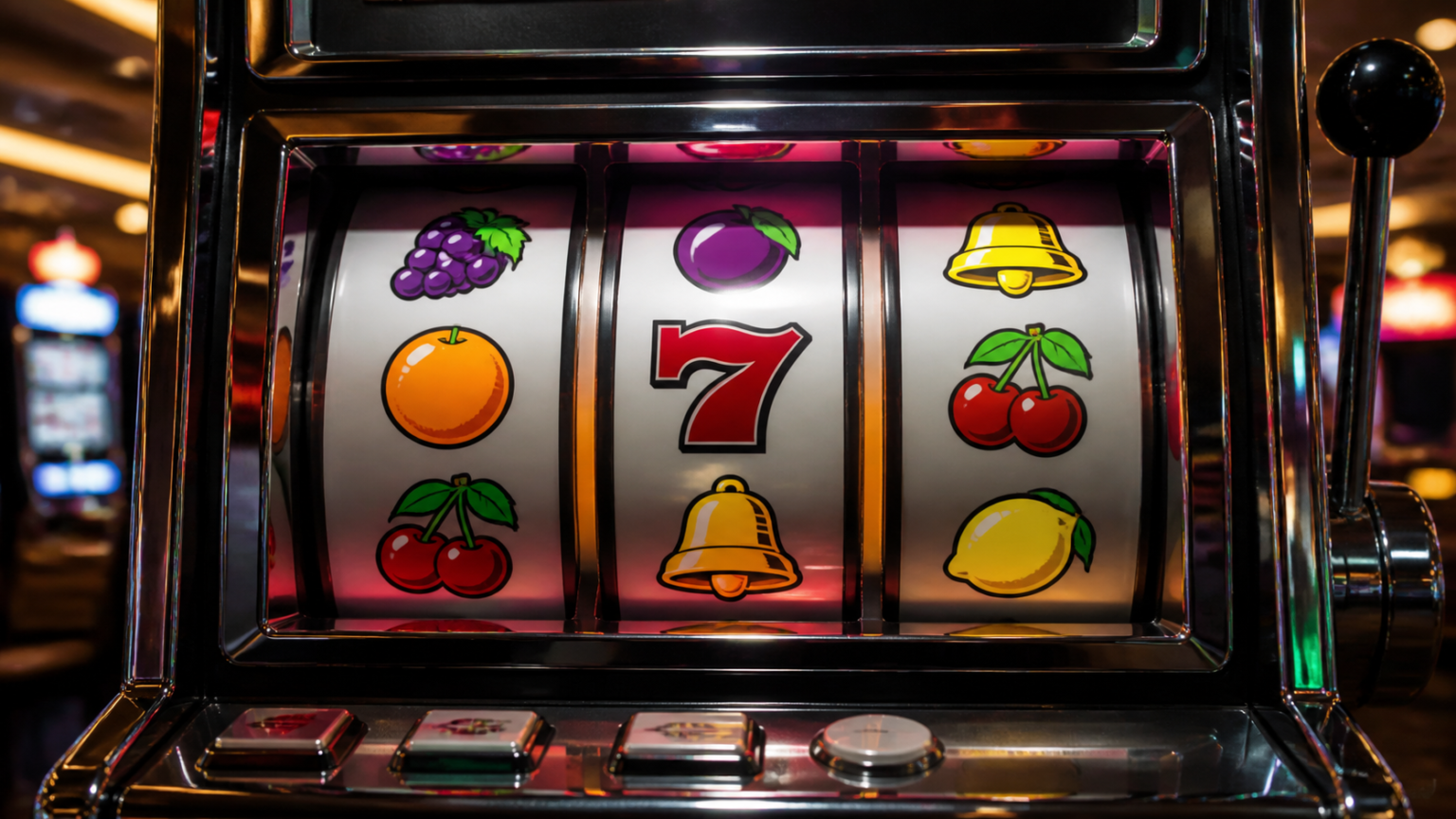 Casino slot machine reels with colorful symbols on a gaming screen