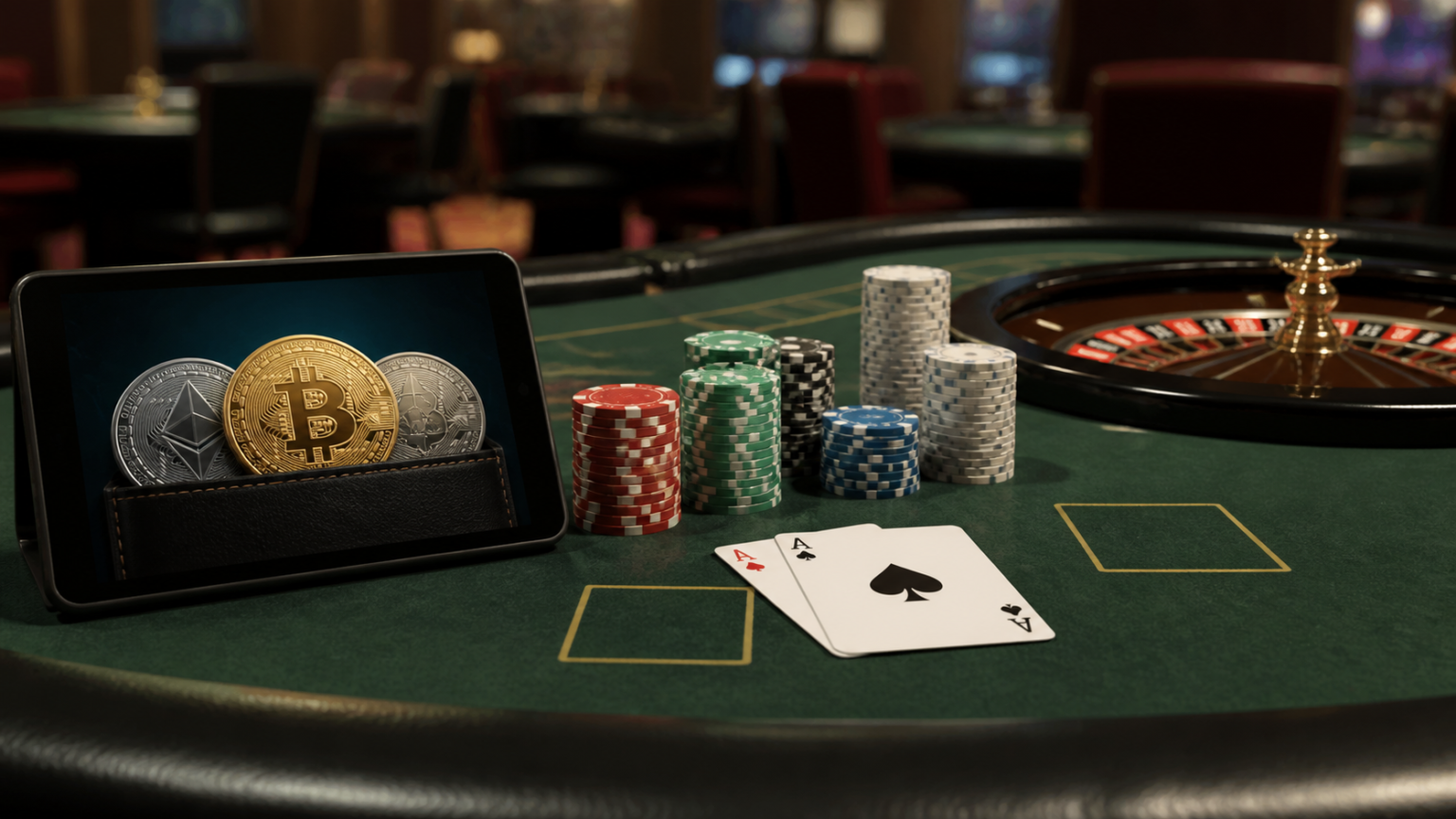 仮想通貨 カジノを比較するための決済・セキュリティ・サポート基準 Casino table with crypto payment screen and gaming cards